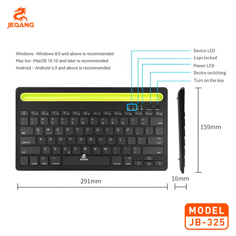 JB-325 JEQANG  Wireless Bluetooth Keyboard with Tablet & Phone Holder Slot – Silent Rechargeable Multi-Device Keyboard for iPad, Android & Windows