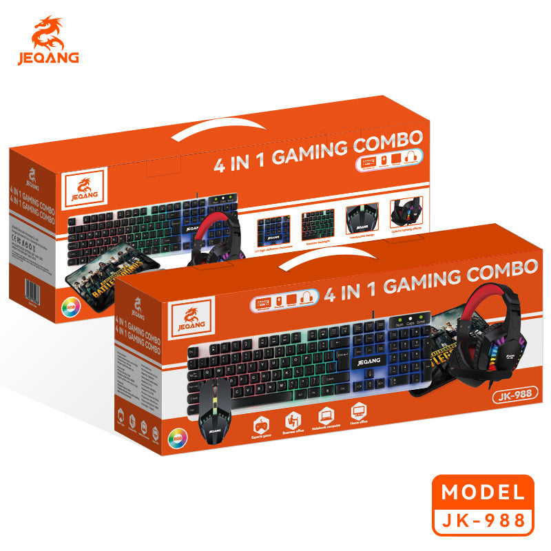 JK-988 JEQANG 4-in-1 Gaming Bundle – Illuminated Wired Keyboard, RGB Mouse, Stereo Headset & Pro Mouse Pad Set for Gaming & Office