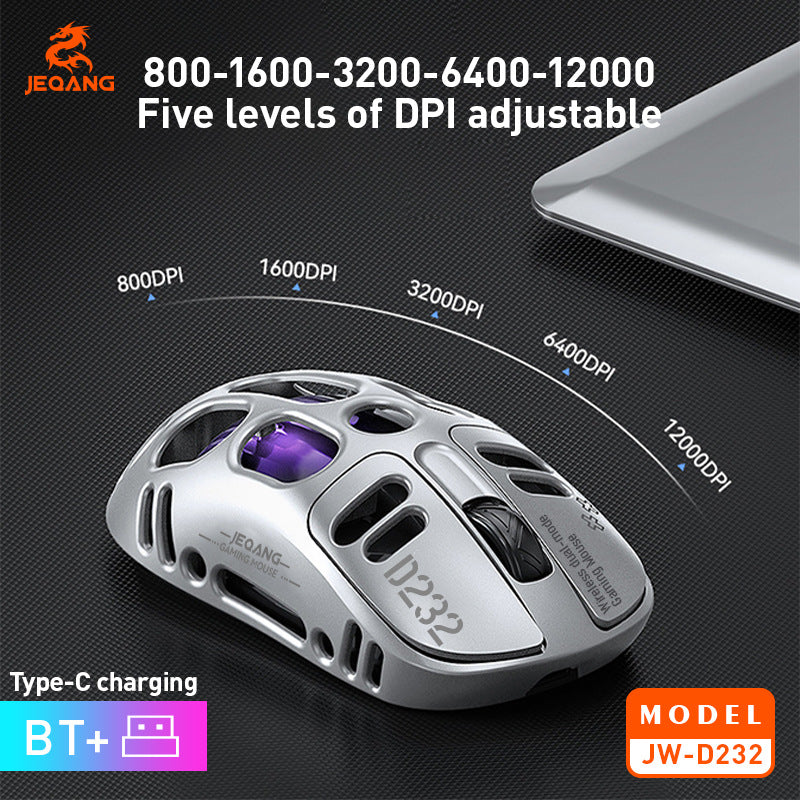 JW-D232 JEQANG Dual-Mode Hollow Gaming Mouse – Ultra-Lightweight Honeycomb Design with 2.4GHz Wireless & Bluetooth, Ergonomic RGB Gaming Mouse