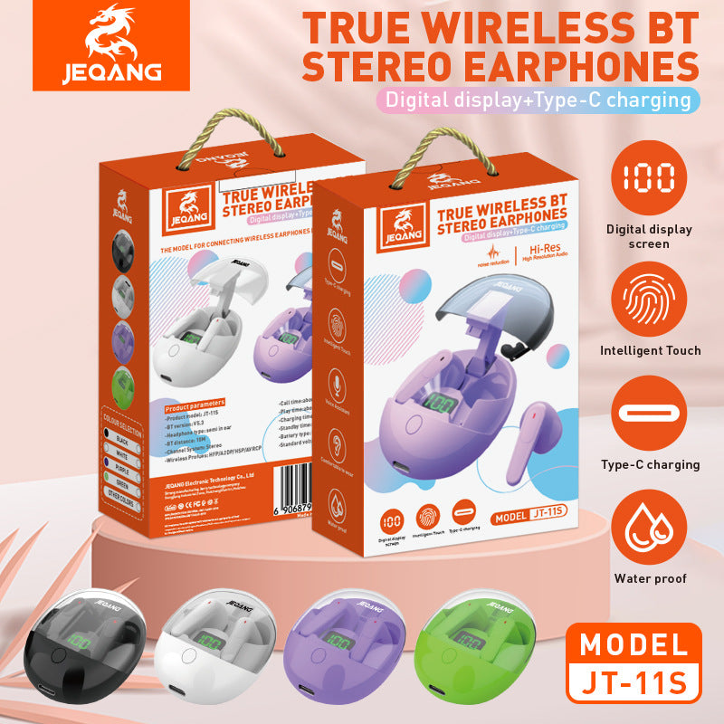 J-T 11 S JEQANG TWS Wireless Earbuds with LED Power Display – Semi-In-Ear Bluetooth Headphones with One-Button Smart Control & Hi-Fi Stereo