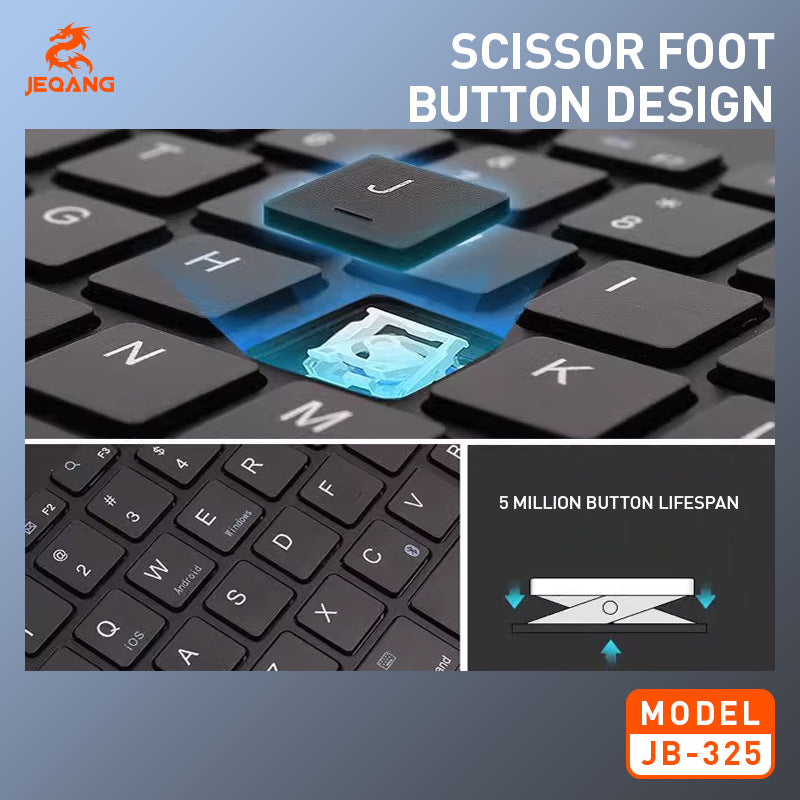 JB-325 JEQANG  Wireless Bluetooth Keyboard with Tablet & Phone Holder Slot – Silent Rechargeable Multi-Device Keyboard for iPad, Android & Windows