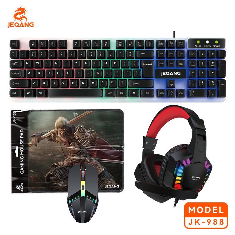 JK-988 JEQANG 4-in-1 Gaming Bundle – Illuminated Wired Keyboard, RGB Mouse, Stereo Headset & Pro Mouse Pad Set for Gaming & Office