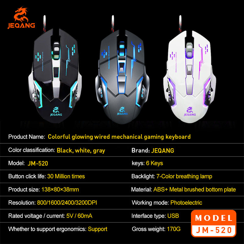 JM-520 JEQANG Wired Mechanical Gaming Mouse – High-Precision Adjustable DPI & Ergonomic Comfort Grip for Pro Gamers