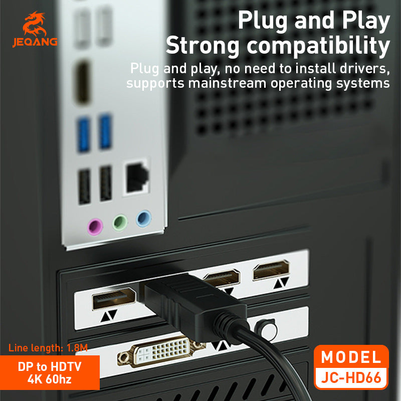 1.8-meter DP to HDTV cable, 4K high-definition adapter cable for connecting computers, laptops, and monitors.