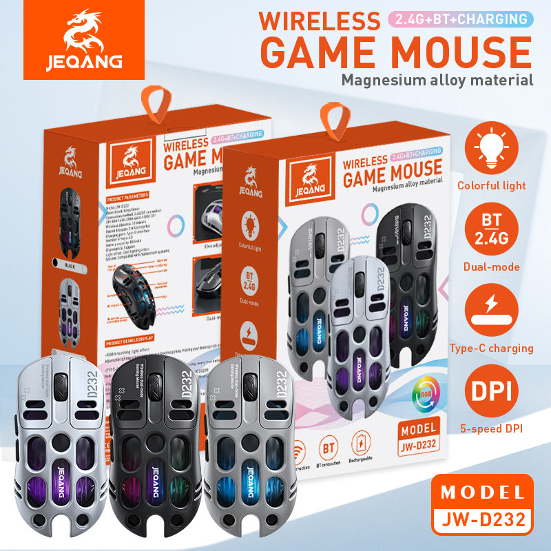 JW-D232 JEQANG Dual-Mode Hollow Gaming Mouse – Ultra-Lightweight Honeycomb Design with 2.4GHz Wireless & Bluetooth, Ergonomic RGB Gaming Mouse